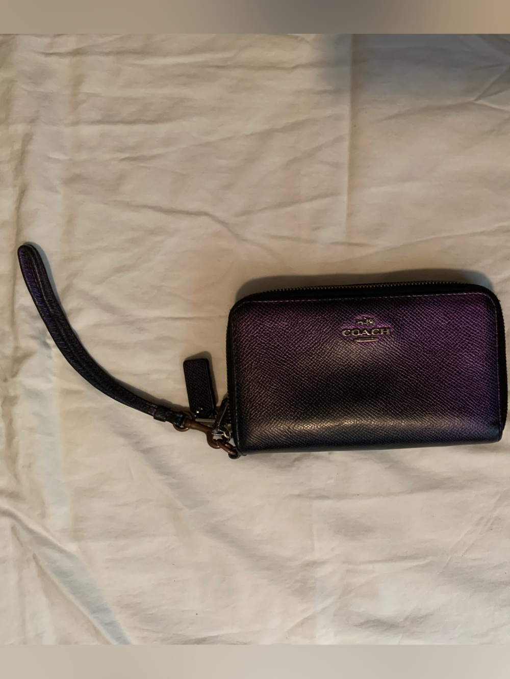 Coach Double Zip Two Tone Metallic Purple Leather Wristlet Wallet